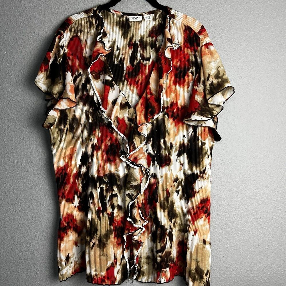 Cato Artsy Abstract Watercolor Print Plus Size 22/24W Ruffled Button Up Blouse